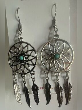 Silver Dreamcatcher Dangle Earrings with Turquoise Accent